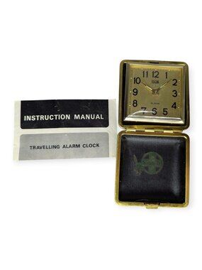 Elgin Santa Fe Railroad Gold Tone Travel Alarm Clock Black Case Manual Untested